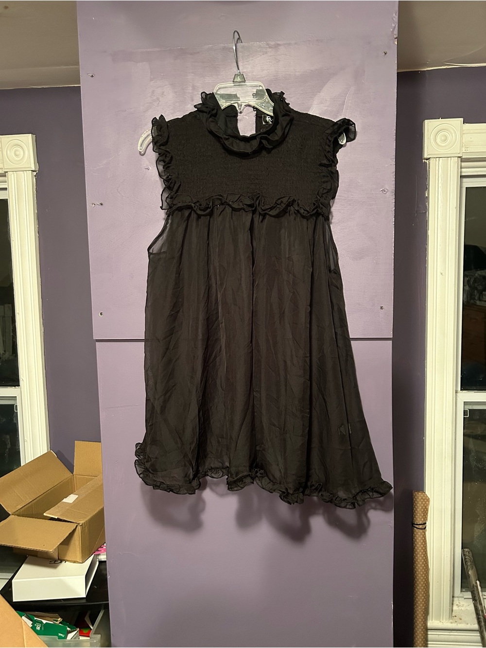 Foxblood black babydoll sheer tank with ruffles, size L